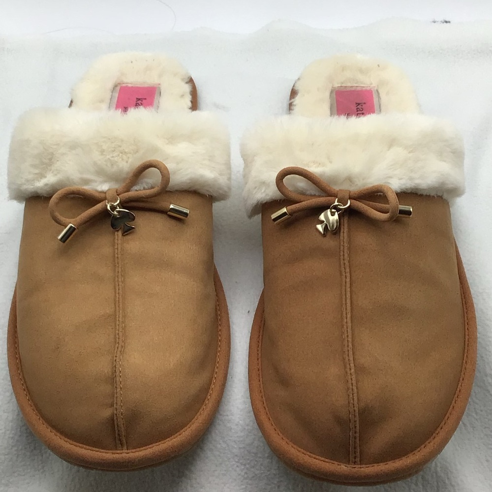 KATE♠️Spade Lacey Brown with White Faux Fur Trim Slippers Size 10